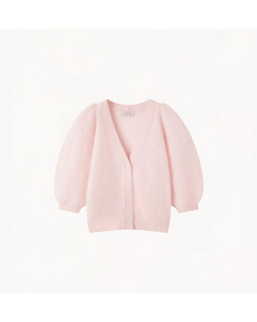 CRUSH Collection Pink Fluffy Balloon-Sleeved Cashmere Cardigan With Faux Fur Collar