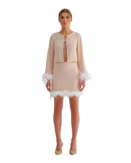 F.ILKK Natural Nude Sequined Top With Feather Cuff