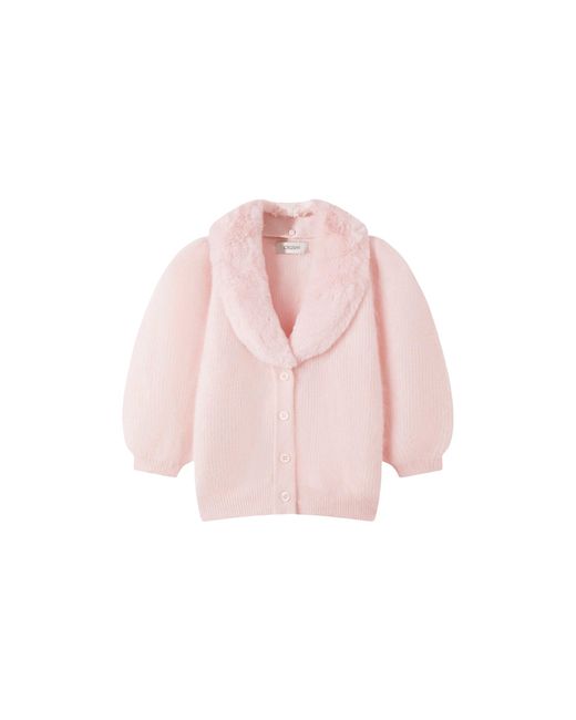 CRUSH Collection Pink Fluffy Balloon-Sleeved Cashmere Cardigan With Faux Fur Collar