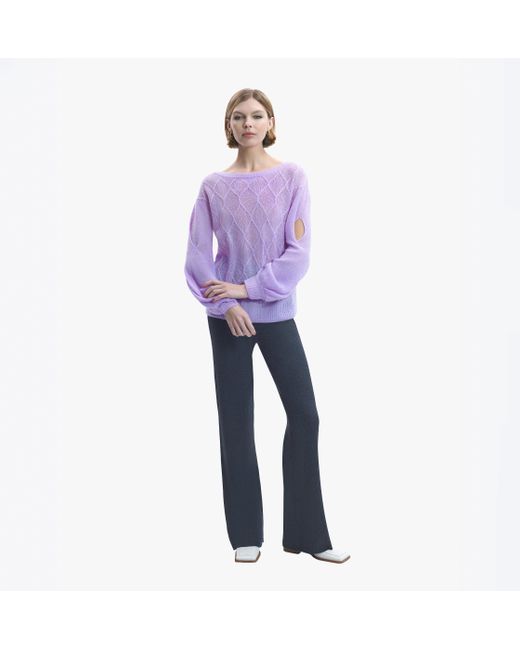 CRUSH Collection Purple Cashmere Blend Sheer Cable-Knitting Blouse