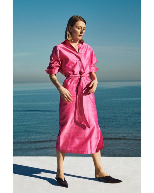 NAZLI CEREN Pink Cassin Pure Silk Shantung Shirt-Dress