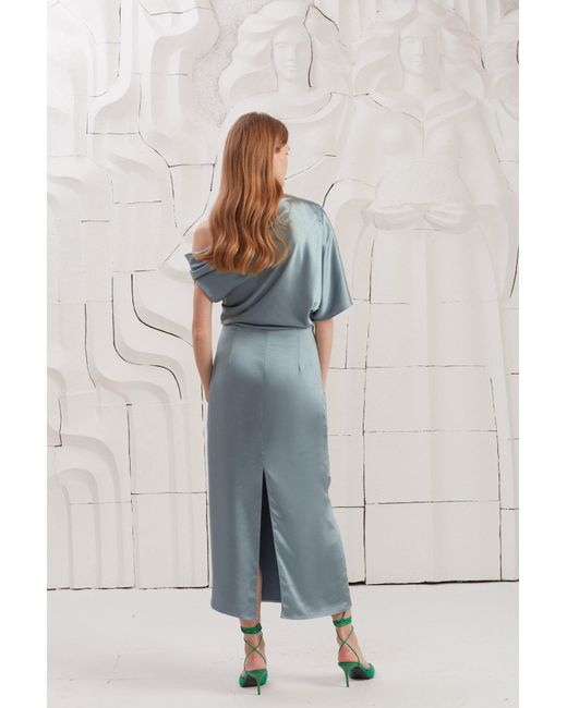 Undress Blue Ilene Satin Asymmetric Midi Evening Dress