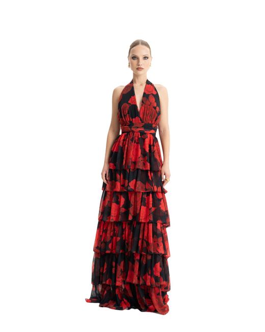 Lora Istanbul Red Lola Floral Ruffled Maxi Dress