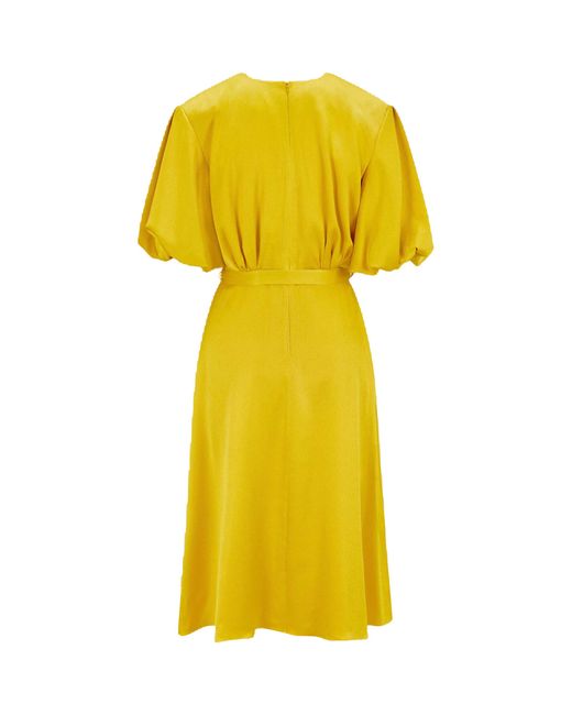 Femponiq Yellow Draped Puff Sleeve Satin Dress (Golden)