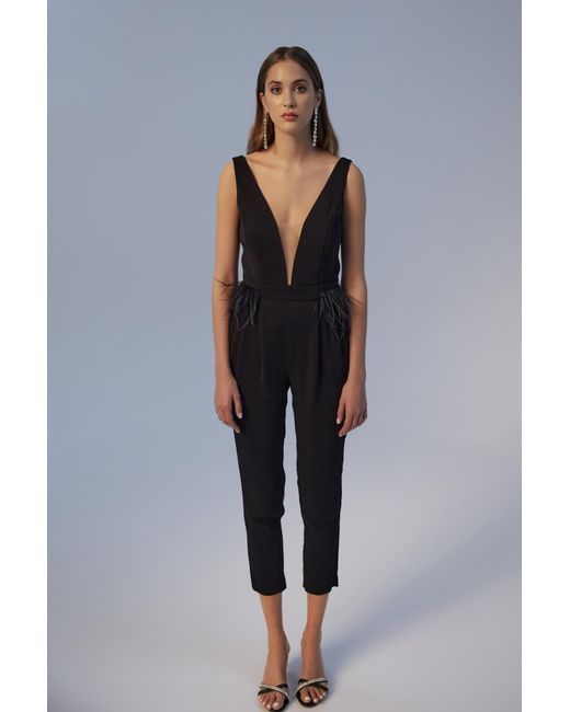 Lita Couture Black Feather-Trimmed V-Neck Jumpsuit