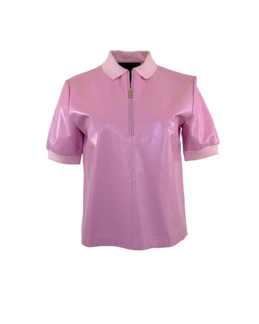 Theo the Label Pink Leto Paper Leather Zip Polo Tee