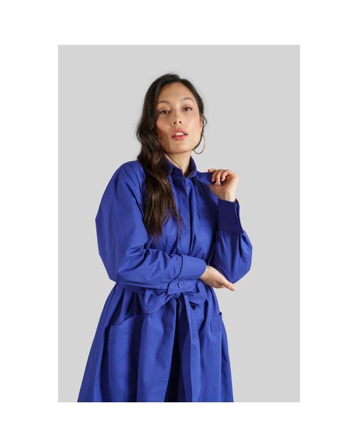 Femponiq Blue Cotton Belted Gathered Maxi Shirt Dress (Vivid)