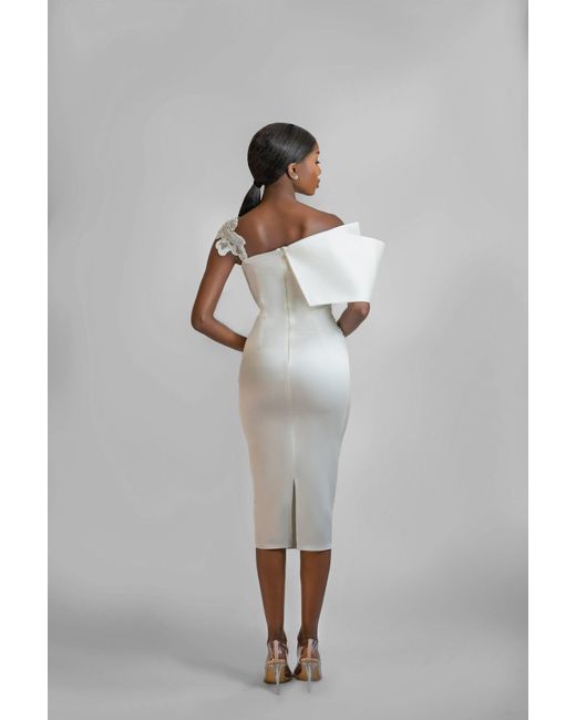 ANITABEL White Midi Structured Registry Dress With Pleated And Beaded Waist Detail