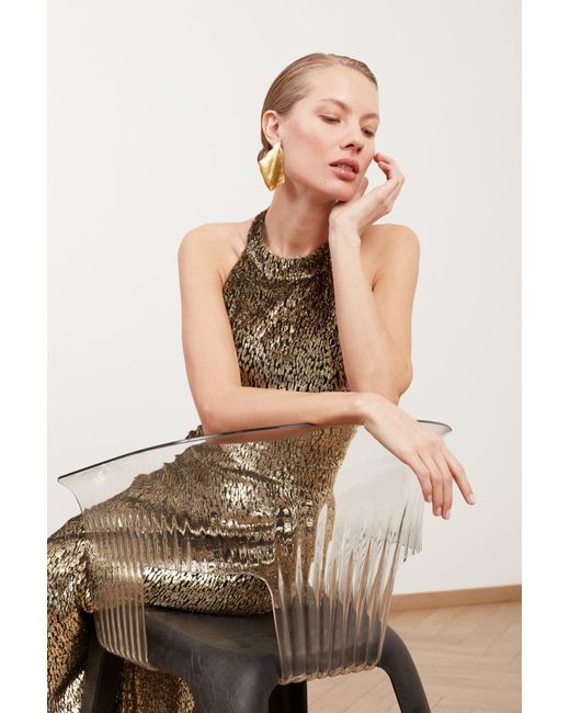 Undress Natural Farah Golden Velvet Silk Midi Dress With Open Back