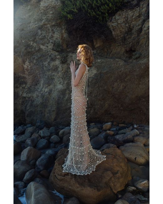 Andreeva White Malva Metallic Handmade Crochet Maxi Dress