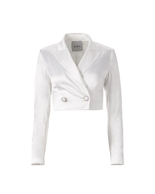 Lita Couture White Cropped Satin Blazer