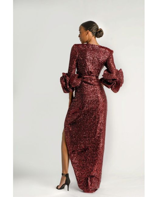 ANITABEL Red Long Wine Sequin Wrap Dress With Statement Sleeves