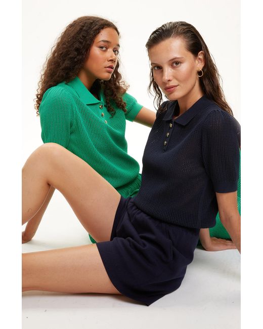 CRUSH Collection Green Buttons Pointelle Polo Top