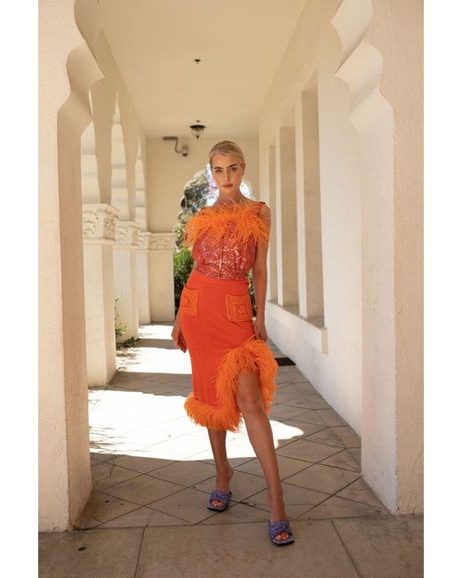 Andreeva Orange Knit Skirt-Dress With Feather Details