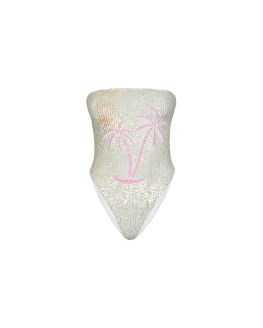 Oceanus White Chrissy Hand Embroidered Sequin Swimsuit
