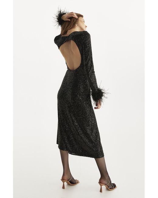 Lita Couture Black Open-Back Sequins Dress With Feathers
