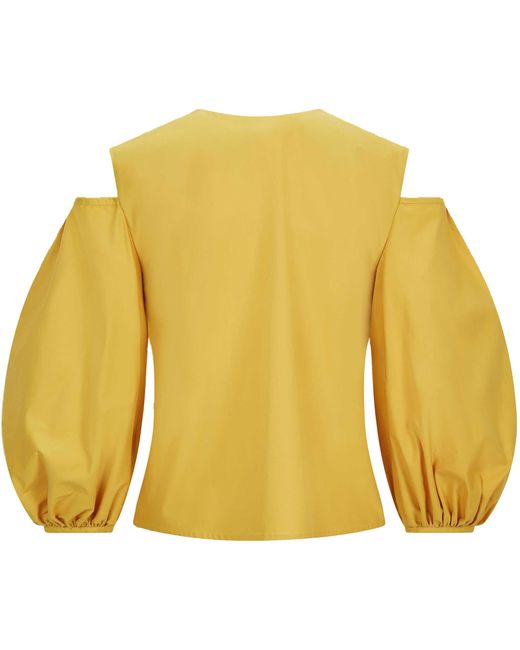 Femponiq Yellow Cold Shoulder Puff Sleeve Lapel Top (Golden)