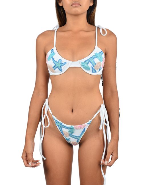 Oceanus Blue Bethanie Hand Embroidered Self-Tie Straps Bikini