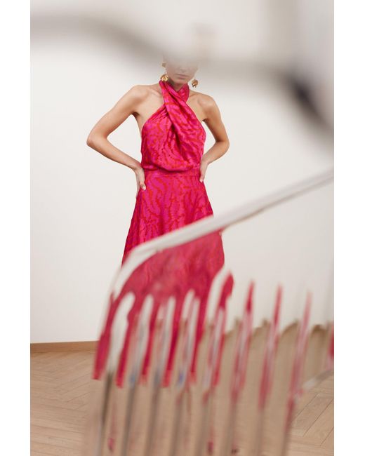 Undress Red Heidi Fuchsia Print Halter Neck Midi Dress