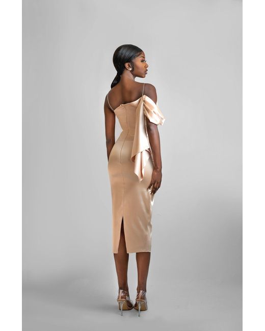 ANITABEL Natural Champagne Midi Dress With Drape And Beaded Applique