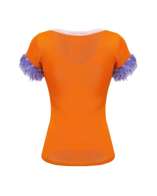 Andreeva Orange Golden Poppy Knit Top With Handmade Knit Details And Pearls