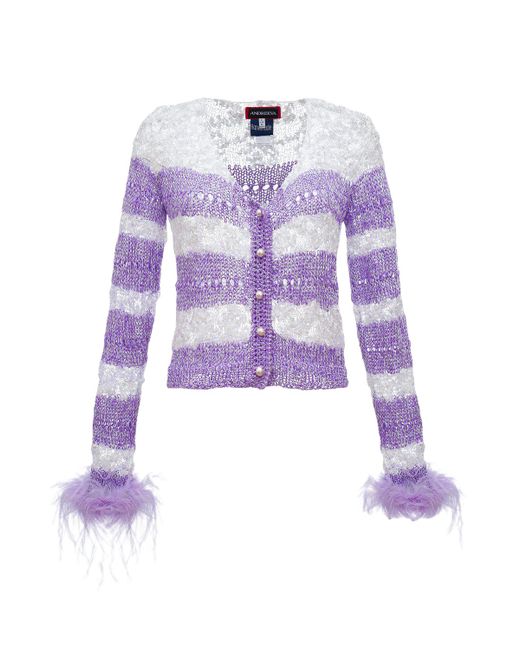 Andreeva Purple Handmade Knit Sweater With Detachable Feather Details On The Cuffs And Pearl Buttons