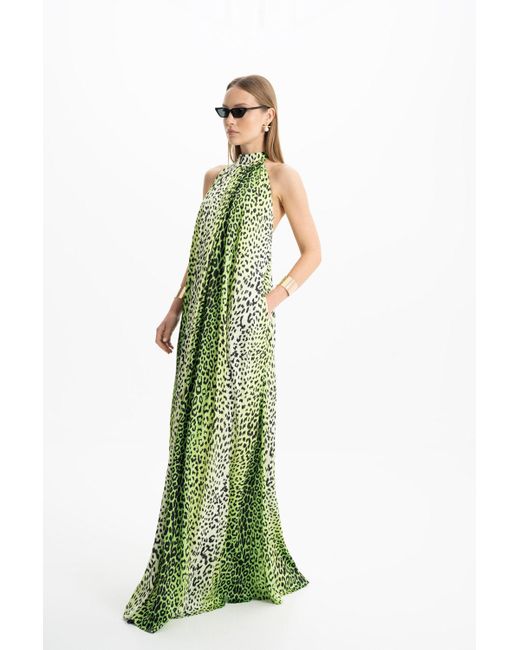 Lora Istanbul Green Pam Satin Leopard Halter Maxi Dress