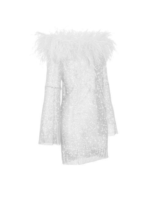 Santa Brands White Sparkle Mini Feathers Dress With Open Shoulders