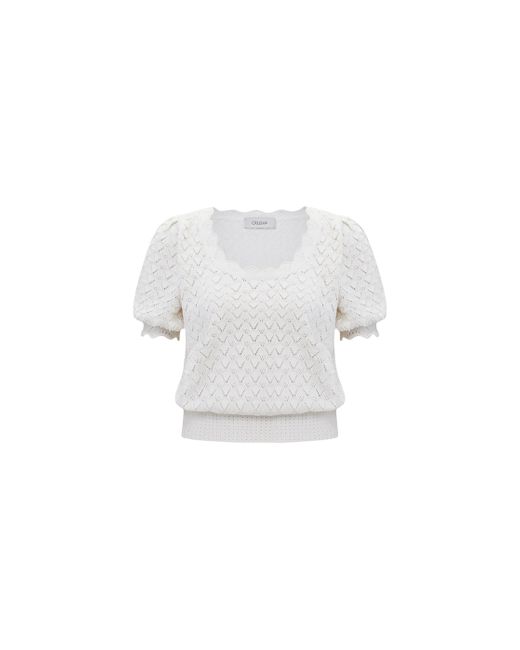 CRUSH Collection White Shell-Hem Hollow Out Silk And Cotton Puff Sleeved Top