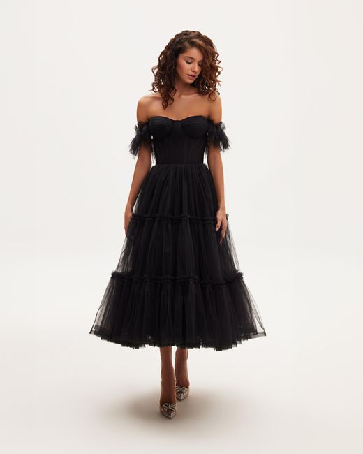 Millà Black Ruffled Tulle Midi Dress