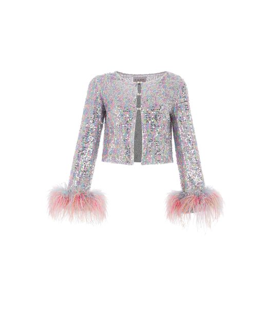 F.ILKK Gray Sequined Feather Top With Rhinestone Clasp