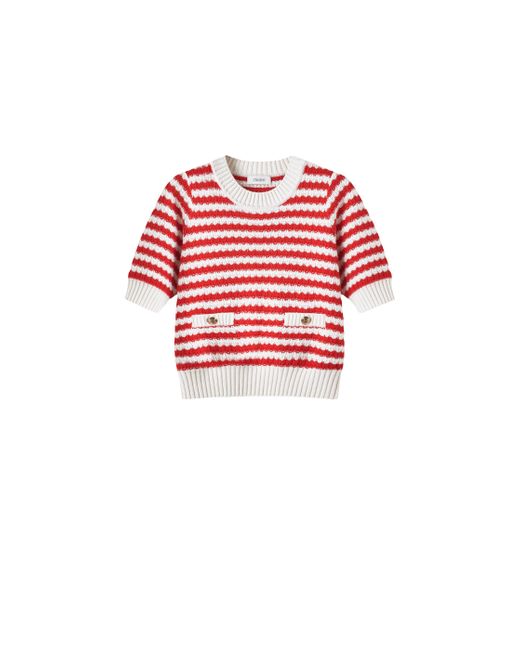 CRUSH Collection Red Cashmere Jacquard Striped Puff Short-Sleeved Blouse
