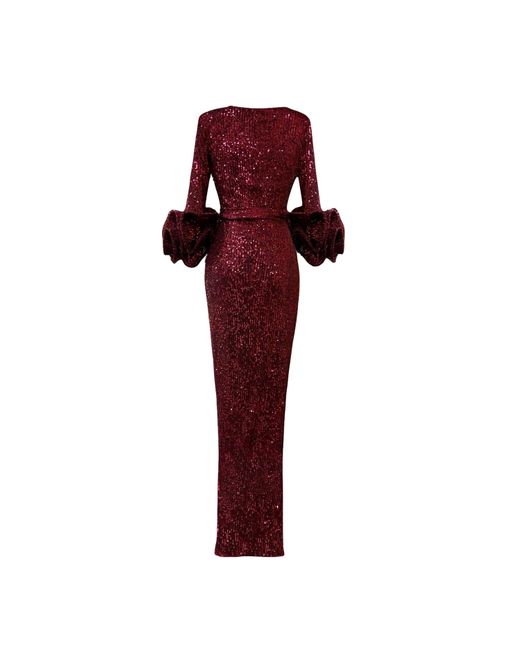 ANITABEL Red Long Wine Sequin Wrap Dress With Statement Sleeves