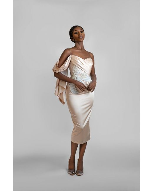 ANITABEL Natural Champagne Midi Dress With Drape And Beaded Applique