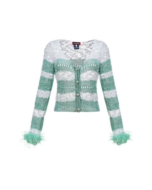 Andreeva Green Mint Handmade Knit Sweater With Detachable Feather Details On The Cuffs And Pearl Buttons