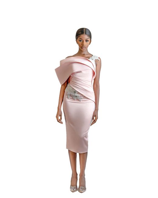 ANITABEL Pink Off Shoulder Midi Cocktail Dress With Beaded Applique