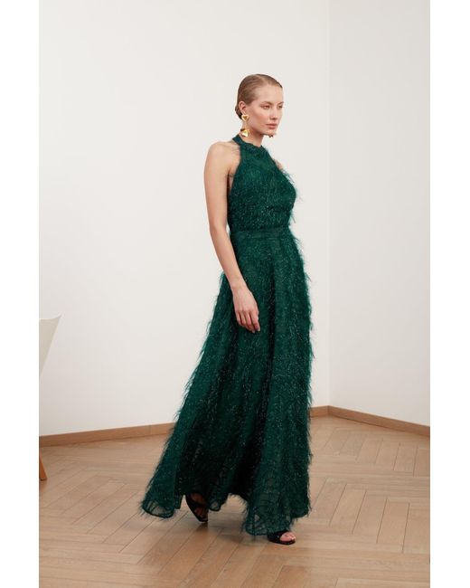 Undress Green Maissa Feather Long Evening Gown With Open Back