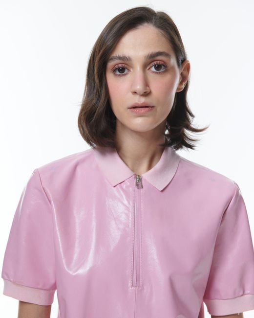 Theo the Label Pink Leto Paper Leather Zip Polo Tee