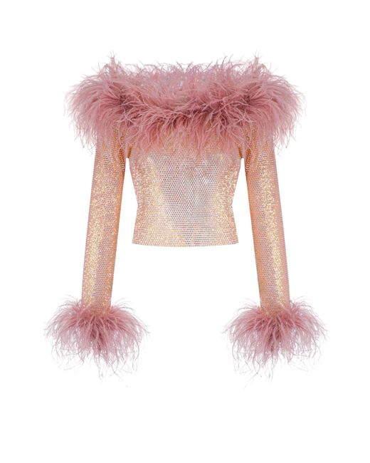 Santa Brands Pink Sparkle Blush Feathers Top W Open Shoulders