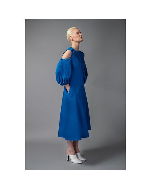 Femponiq Blue Asymmetric Lapel A-Line Cotton Dress (Sapphire)