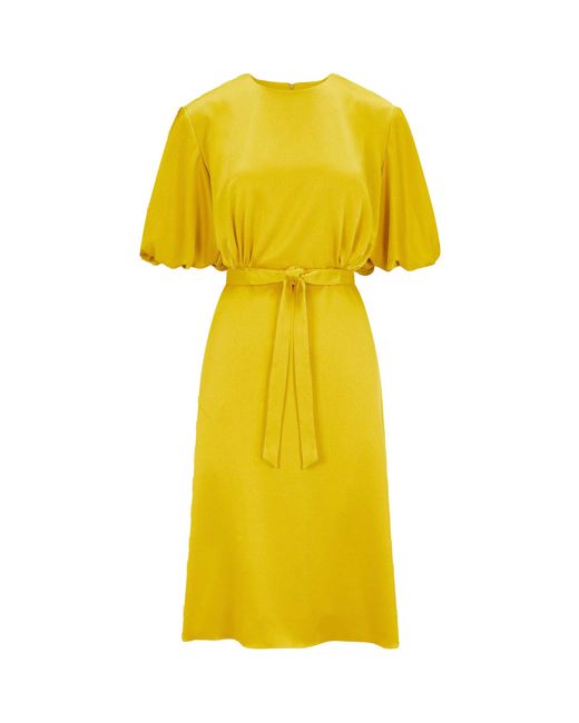 Femponiq Yellow Draped Puff Sleeve Satin Dress (Golden)