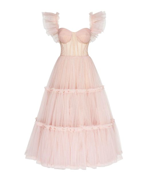 Millà Pink Misty Rose Ruffled Tulle Midi Dress