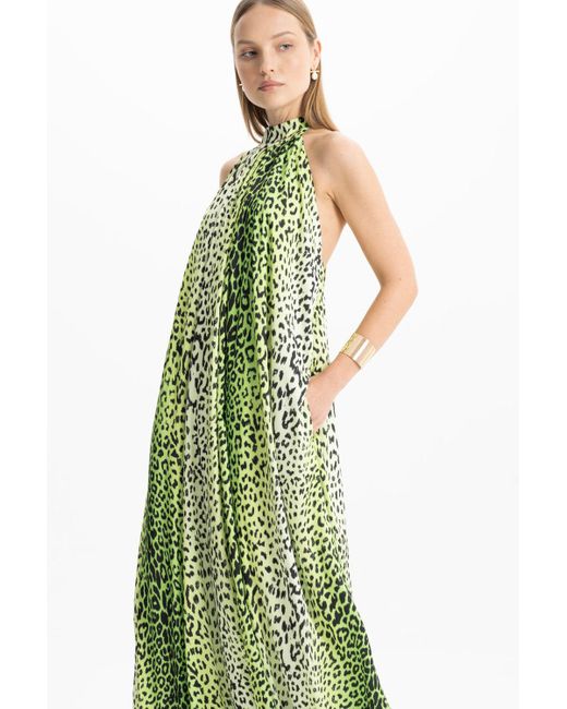 Lora Istanbul Green Pam Satin Leopard Halter Maxi Dress