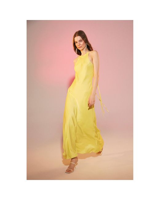 NAZLI CEREN Yellow Addie Satin Long Dress