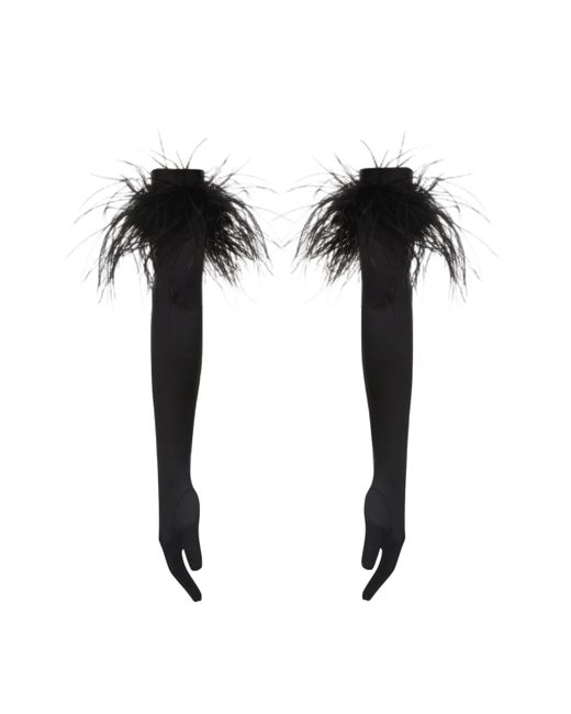 Nue Black "Drama" Silk Gloves With Feathers
