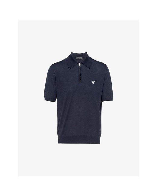 Prada Blue Logo-embroidered Short-sleeved Wool Polo Shirt for men