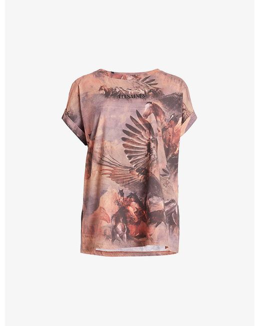 AllSaints Pink Tia Graphic-print High-neck Stretch Recycled-polyester Top