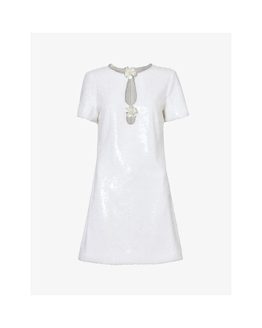 Self-Portrait White Floral-broach Sequin-embellished Woven Mini Dress