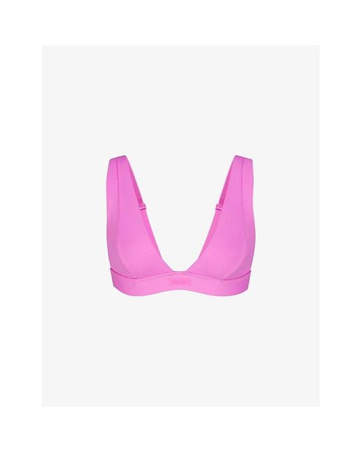 Skims Pink Signature Swim Plunge Stretch Recycled-nylon Bikini Top