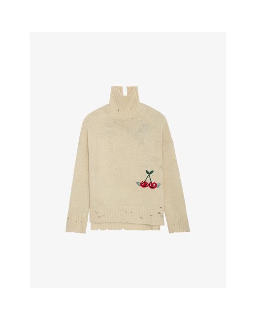 Zadig & Voltaire Natural Bleeza Cherry-embroidered Relaxed-fit Wool Jumper